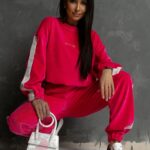 Komplet welurowy Logo Stripe Woman amarantowy