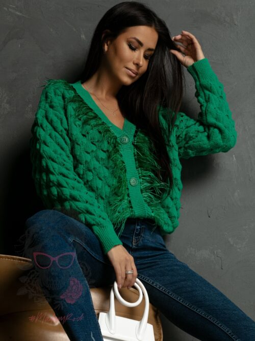 Sweter rozpinany z piórami Ofes zielony