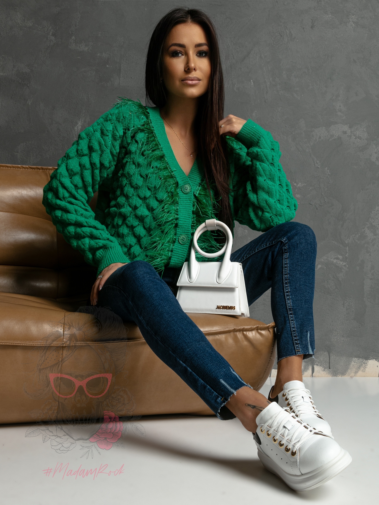 Sweter rozpinany z piórami Ofes zielony Sweter rozpinany z piórami Ofes zielony