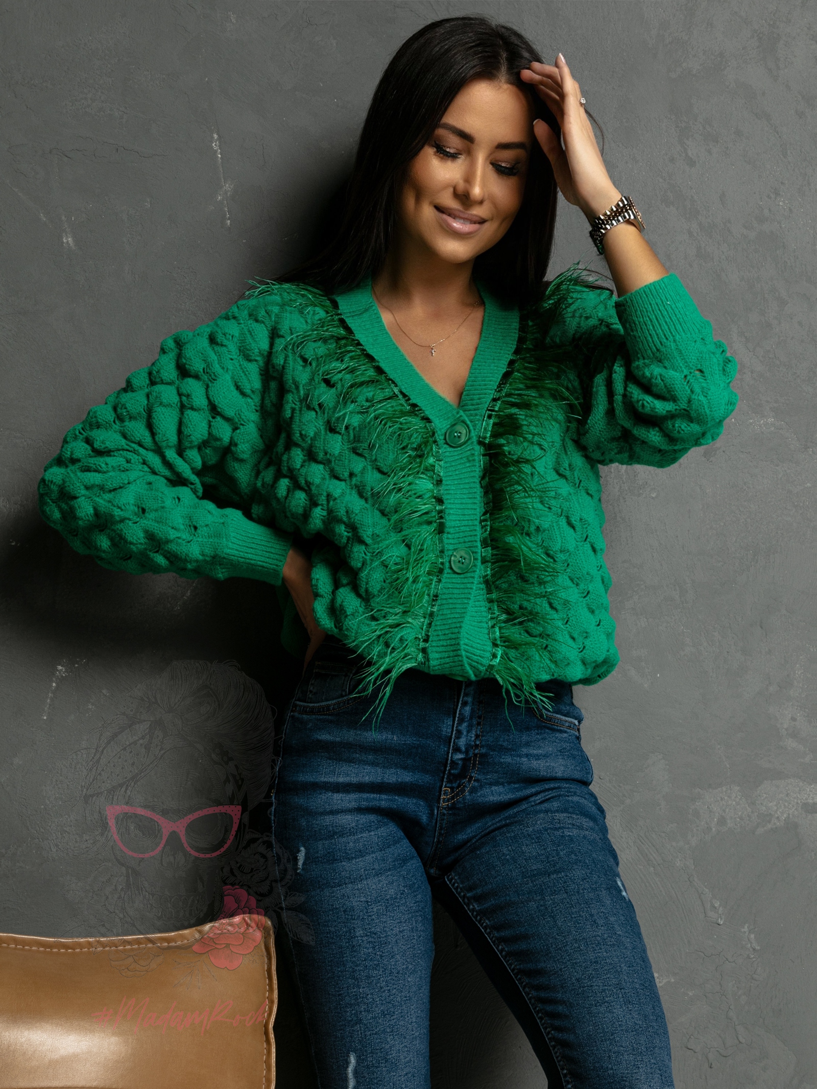 Sweter rozpinany z piórami Ofes zielony Sweter rozpinany z piórami Ofes zielony