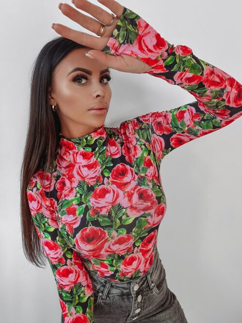 Body dopasowane w kwiaty Roses Ola Voga czarne