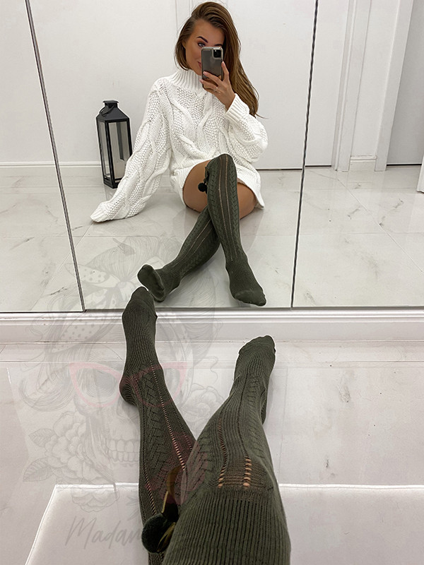 Zakolanówki damskie z kokardką khaki