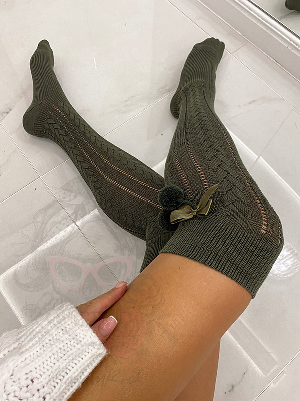 Zakolanówki damskie z kokardką khaki