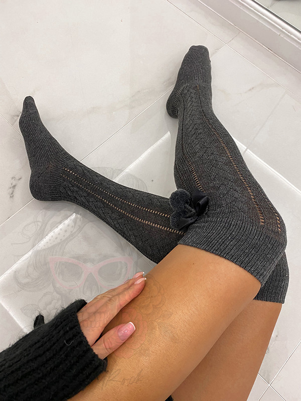 Zakolanówki damskie z kokardką ciemnoszare