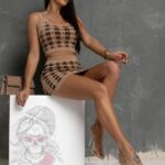 Komplet moherowy w pepitkę Goshel karmelowy