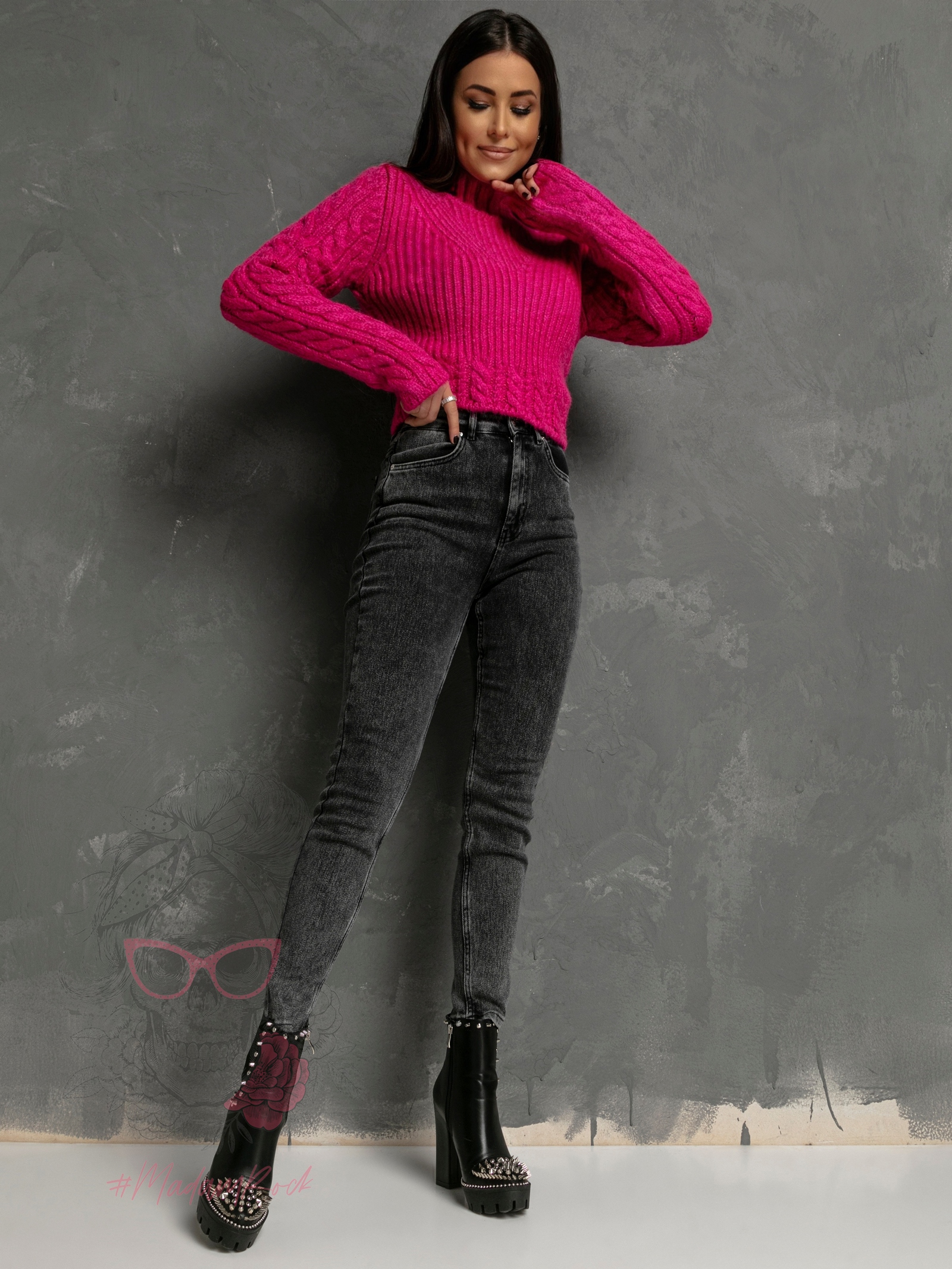 Sweter pleciony krótki Talis fuksja