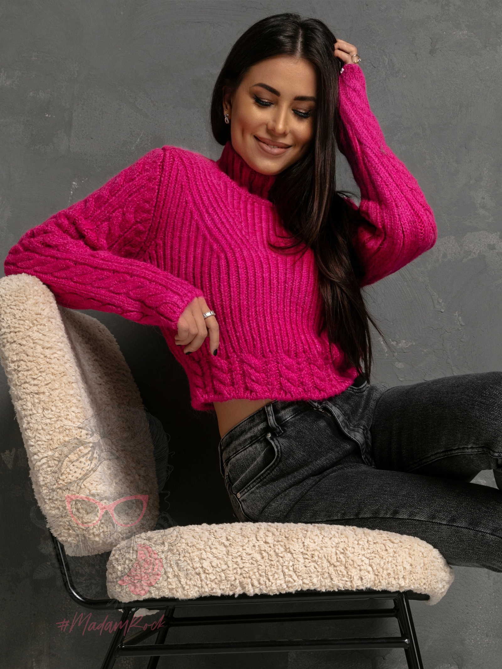 Sweter pleciony krótki Talis fuksja