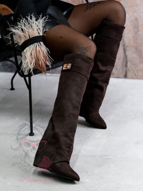 Kozaki koturny Madam Givme czekoladowe zamszowe