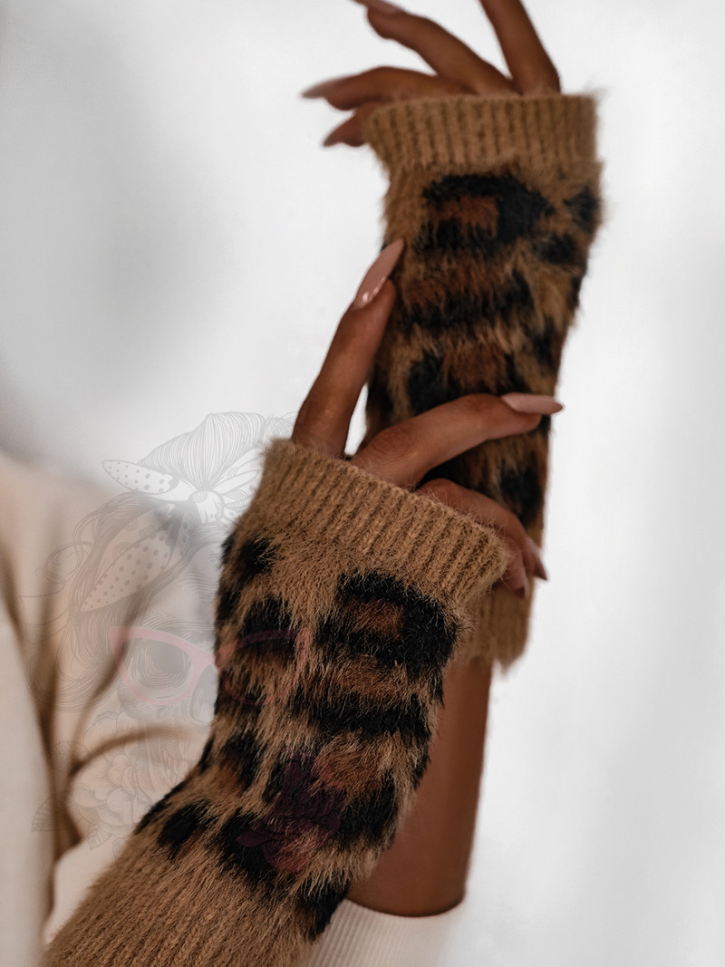 Rękawiczki damskie kloszardki moherowe panterka j. karmelowe