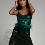 Top cekinowy z piórami Bicler butelkowa zieleń