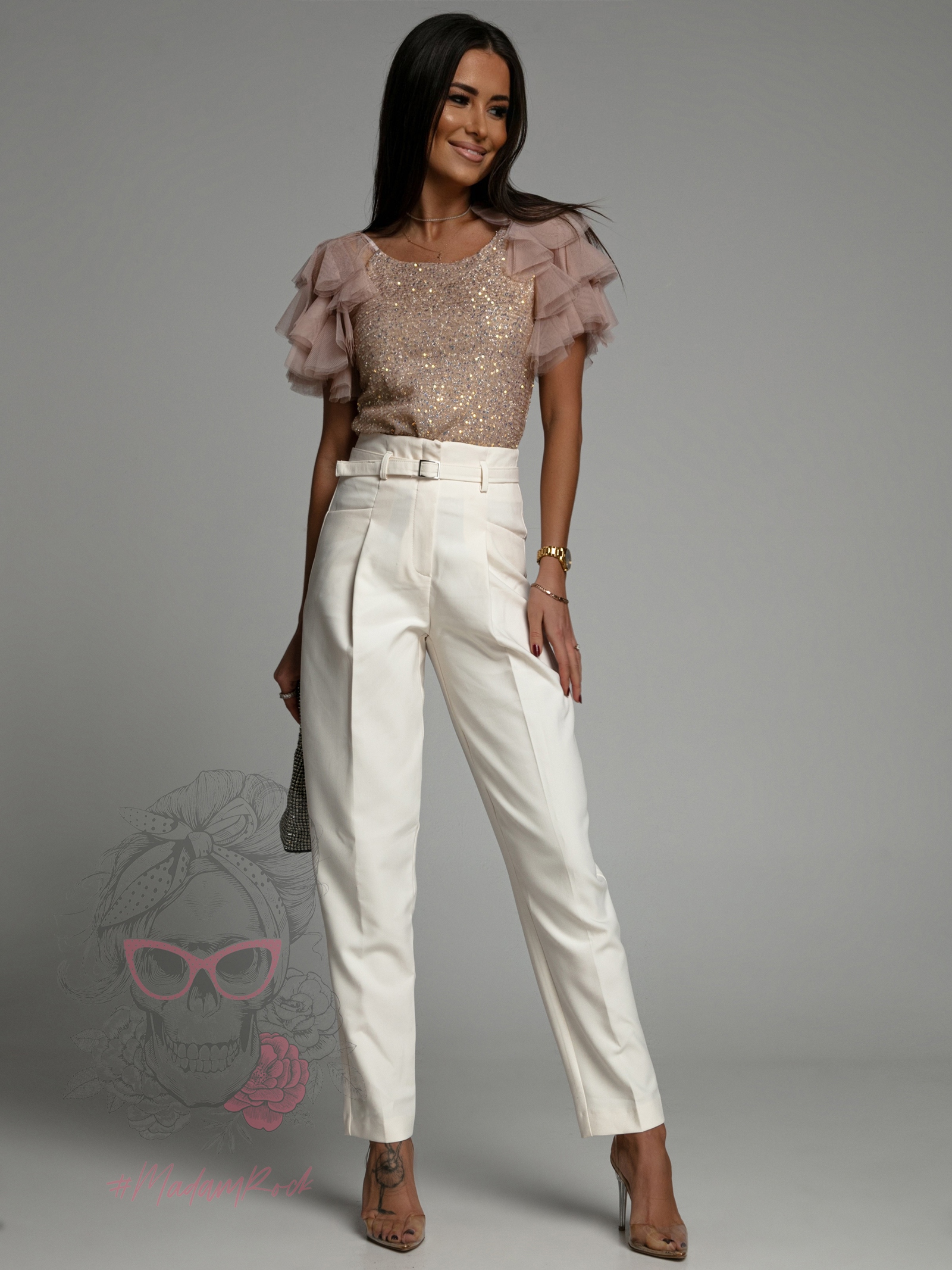 Bluzka cekinowa z tiulem Maleni pudrowa