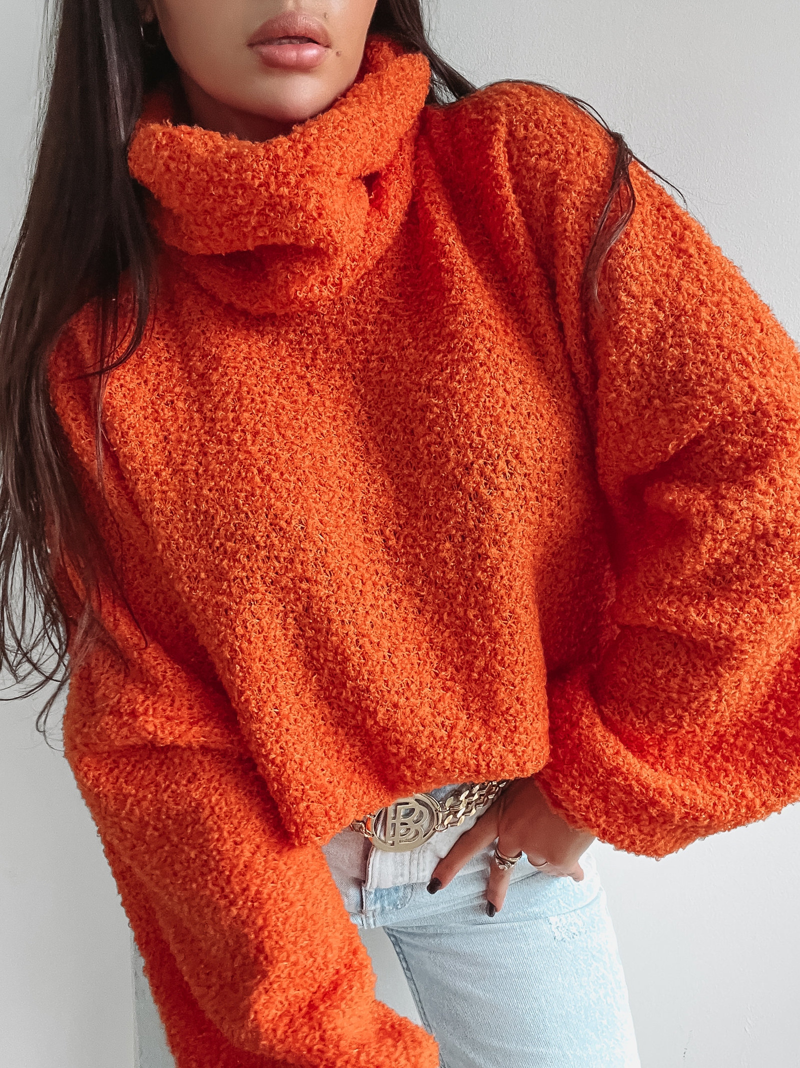 Sweter z wywijanym golfem Gerda Ola Voga pomarańczowy