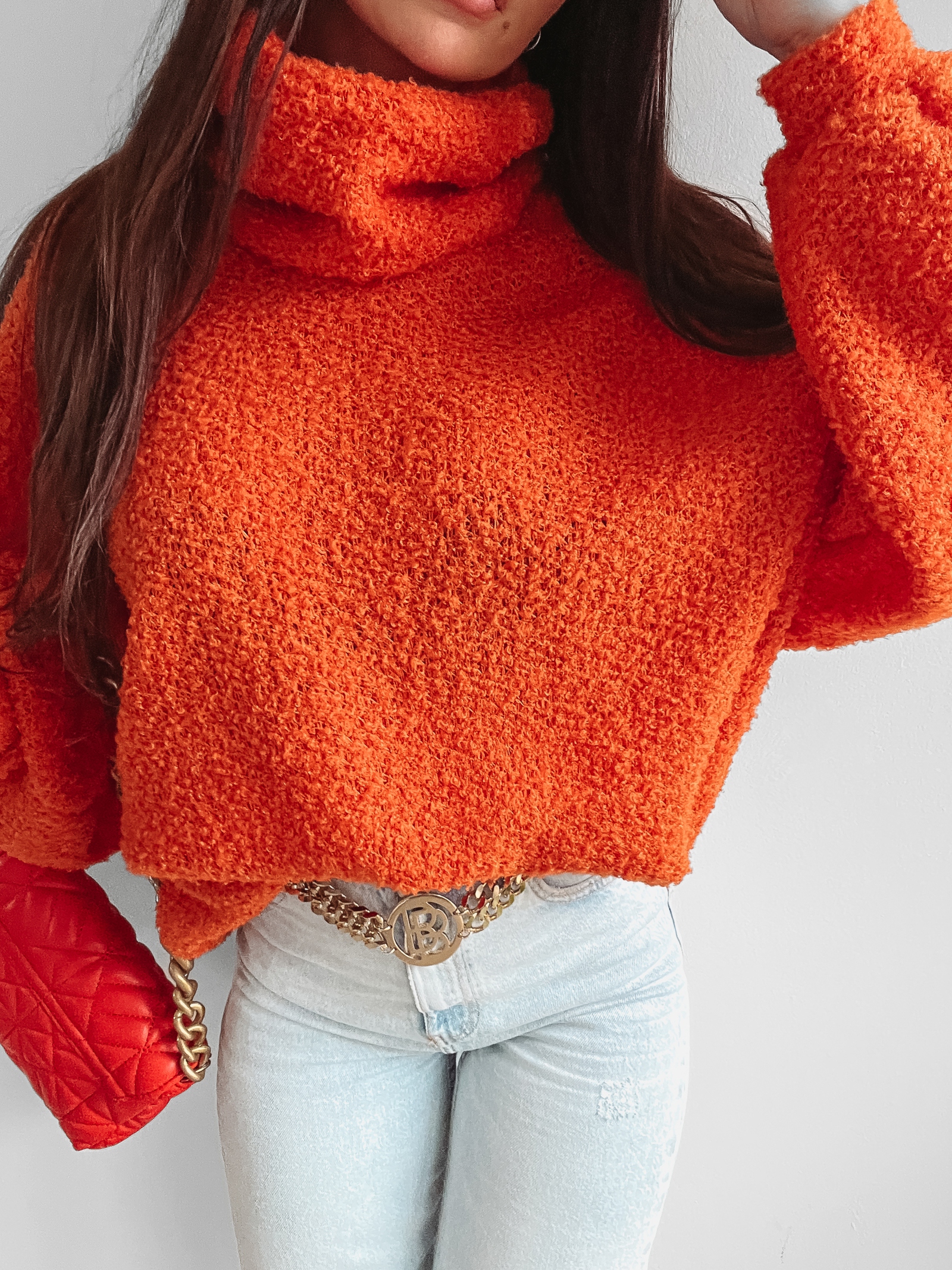 Sweter z wywijanym golfem Gerda Ola Voga pomarańczowy