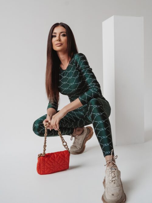 Komplet logowany I LOVE OLV Ola Voga butelkowa zieleń