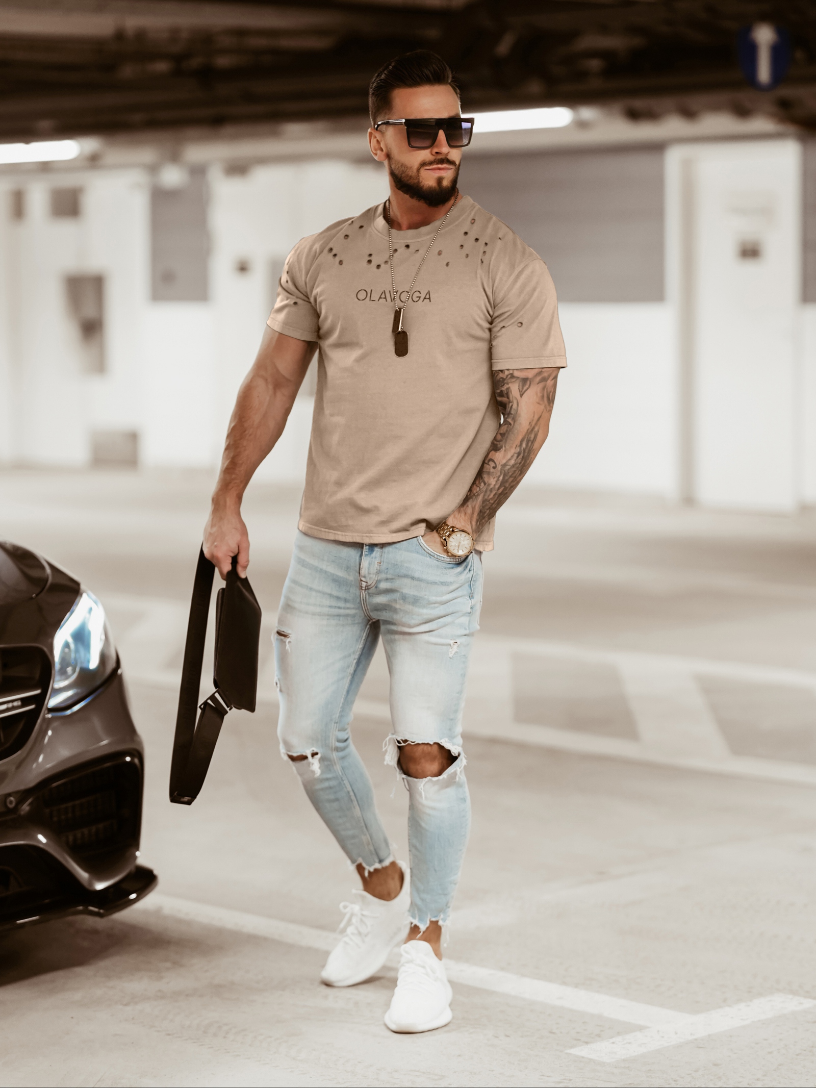 T-shirt logowany męski Noel Ola Voga beżowy