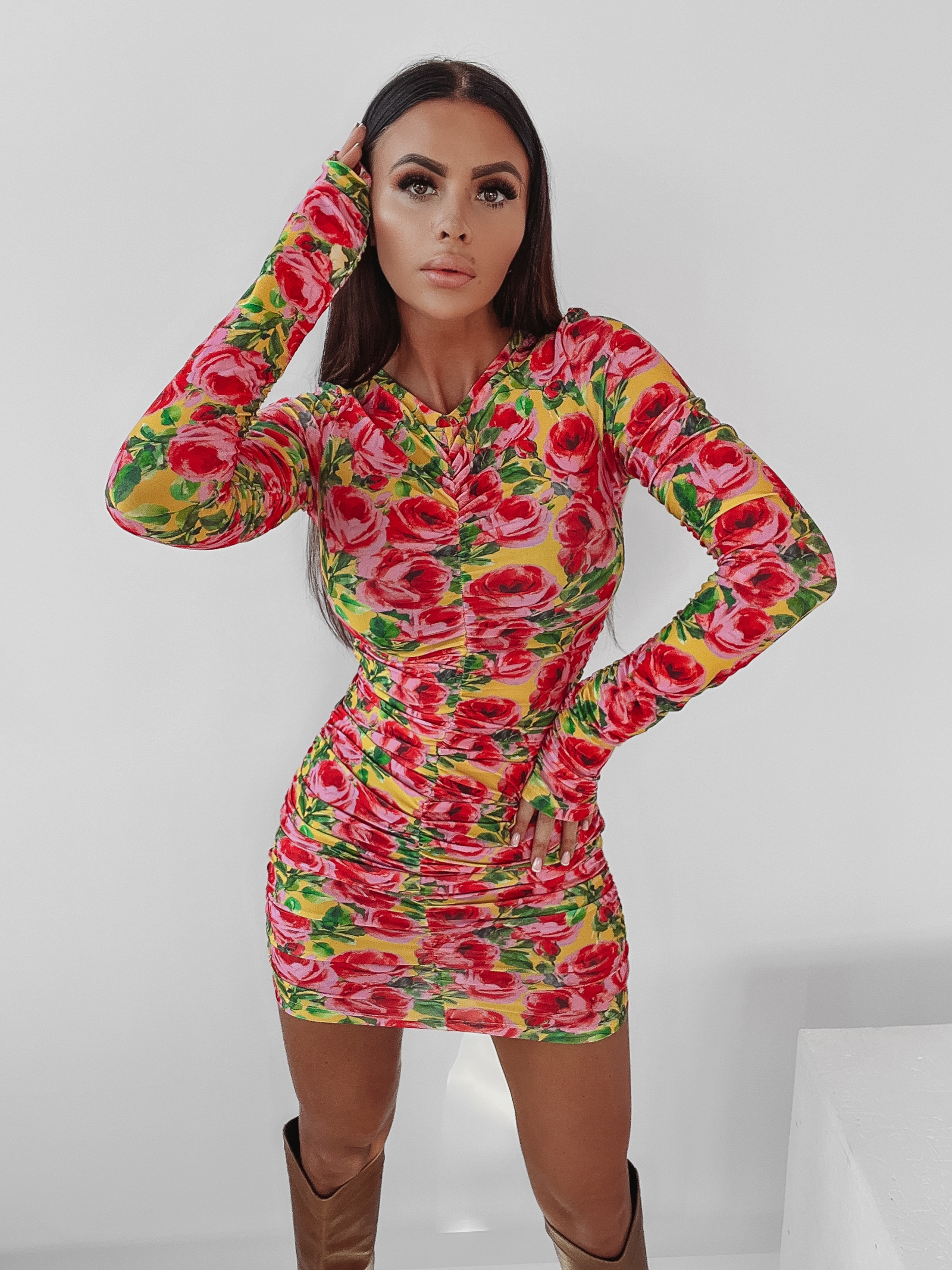 Sukienka marszczona w kwiaty Ola Voga Floral Fantasy żółta