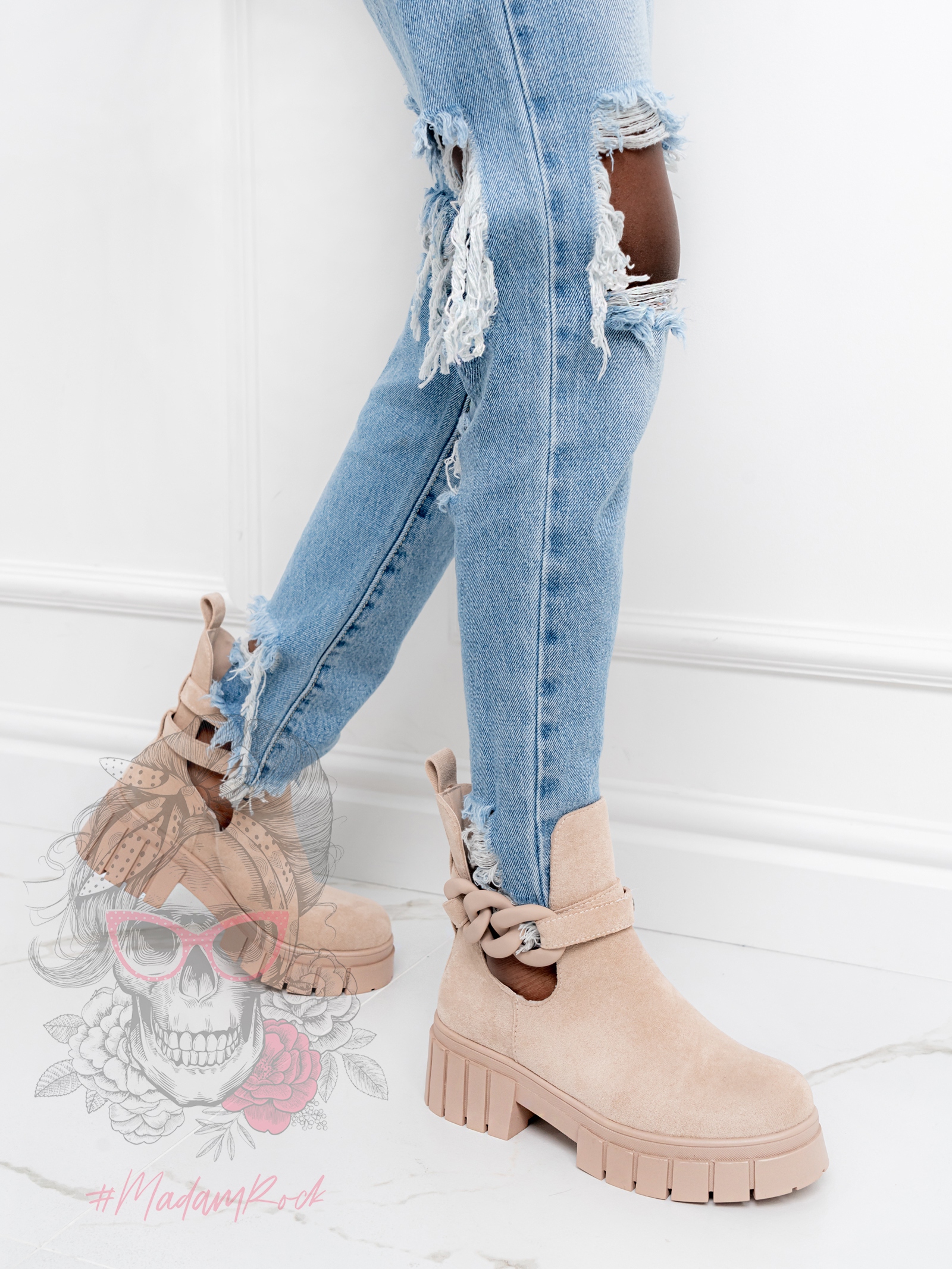 Botki z wycięciem Madam Kurtis II beżowe zamszowe