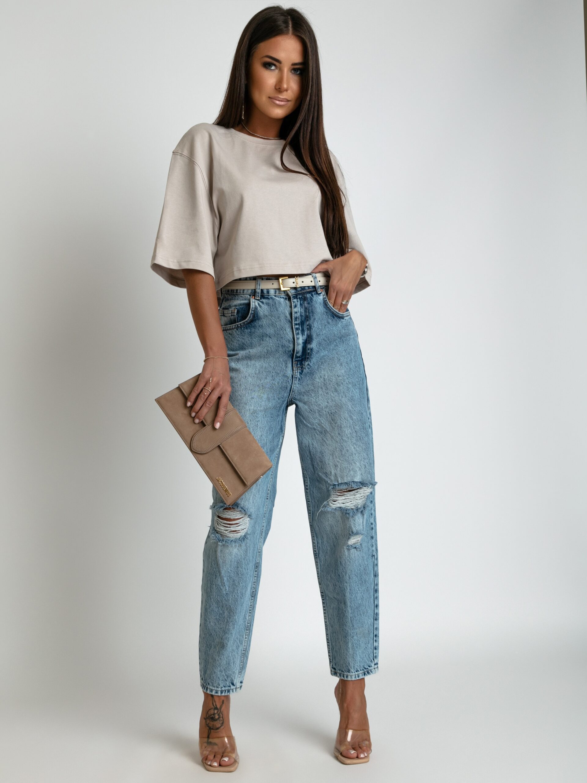 T-shirt oversize krótki Megoz beżowy T-shirt oversize krótki Megoz beżowy