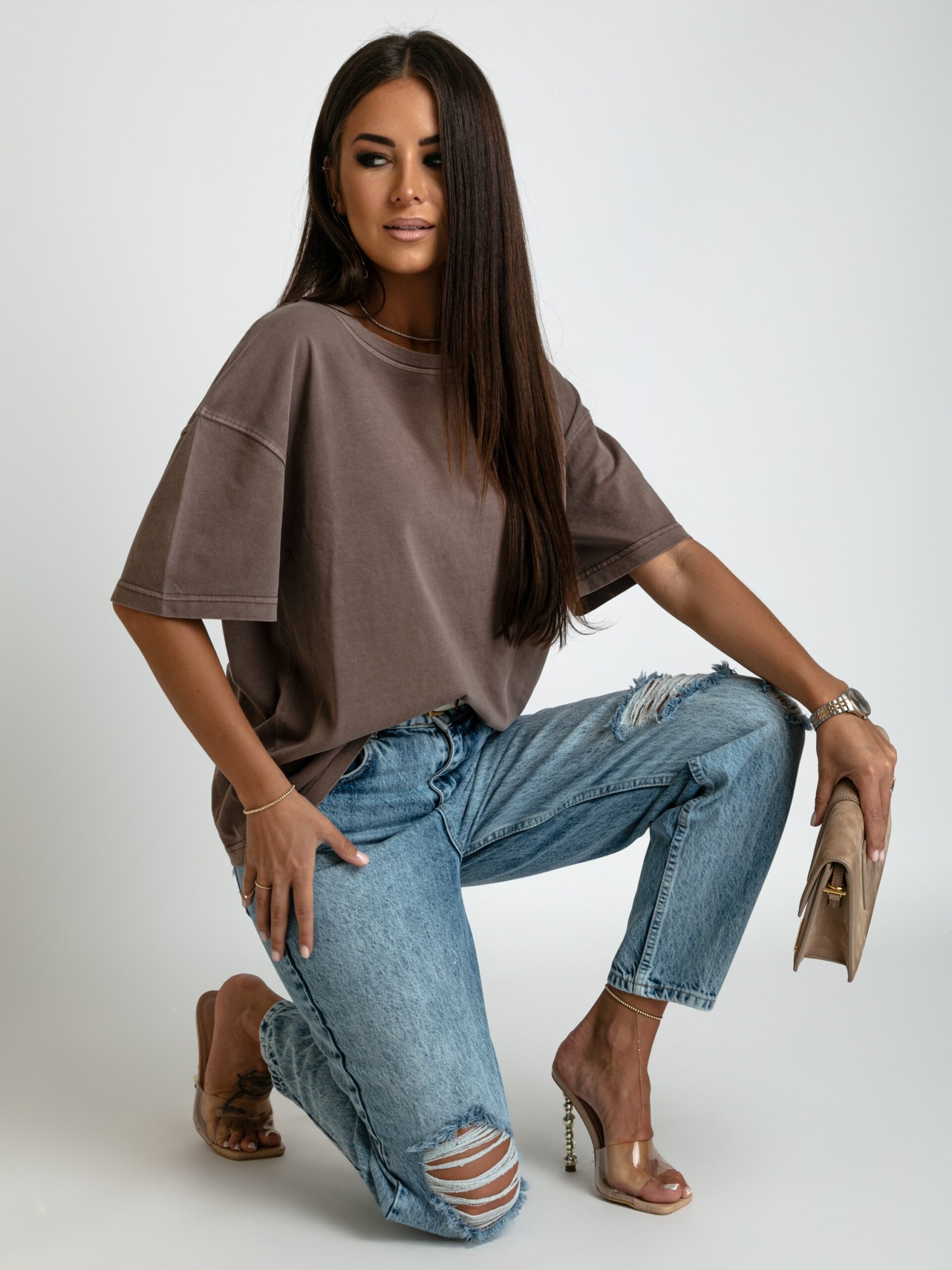 T-shirt z efektem sprania Milkit ziemisty T-shirt z efektem sprania Milkit ziemisty