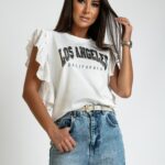 T-shirt z falbankami Los Angeles Cali biały