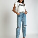 T-shirt z falbankami Los Angeles Cali biały