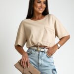 Crop top ze ściąganiem w pasie YoYo beżowy