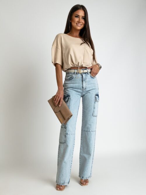 Crop top ze ściąganiem w pasie YoYo beżowy