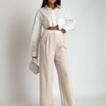 -wyprzedane-Spodnie garniturowe szerokie Moniko II beżowe