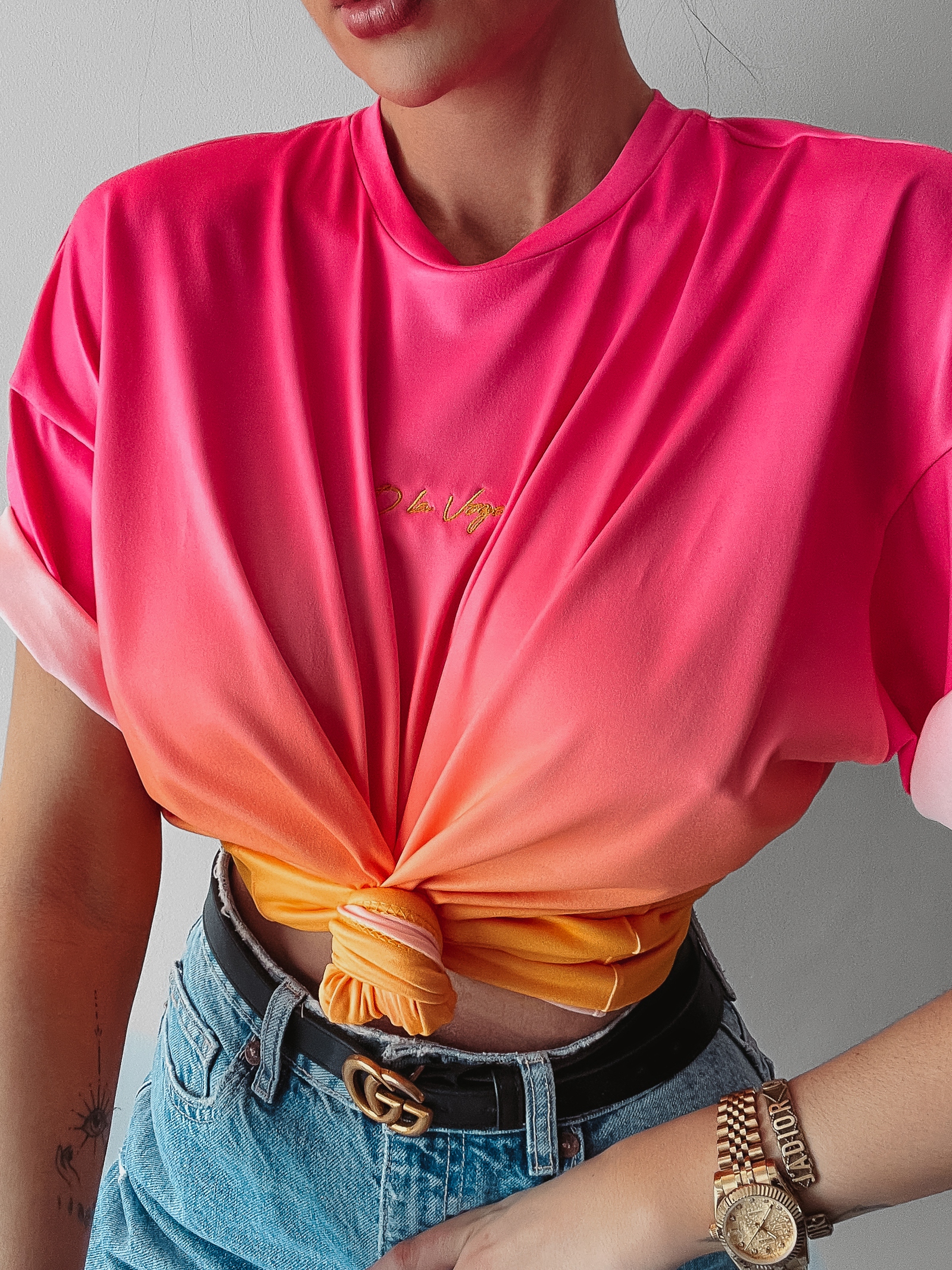 T-shirt oversize Liyo Ola Voga neon róż-pomarańcz