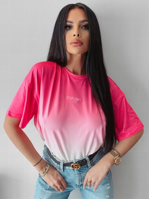T-shirt oversize Liyo Ola Voga neon róż-ecru