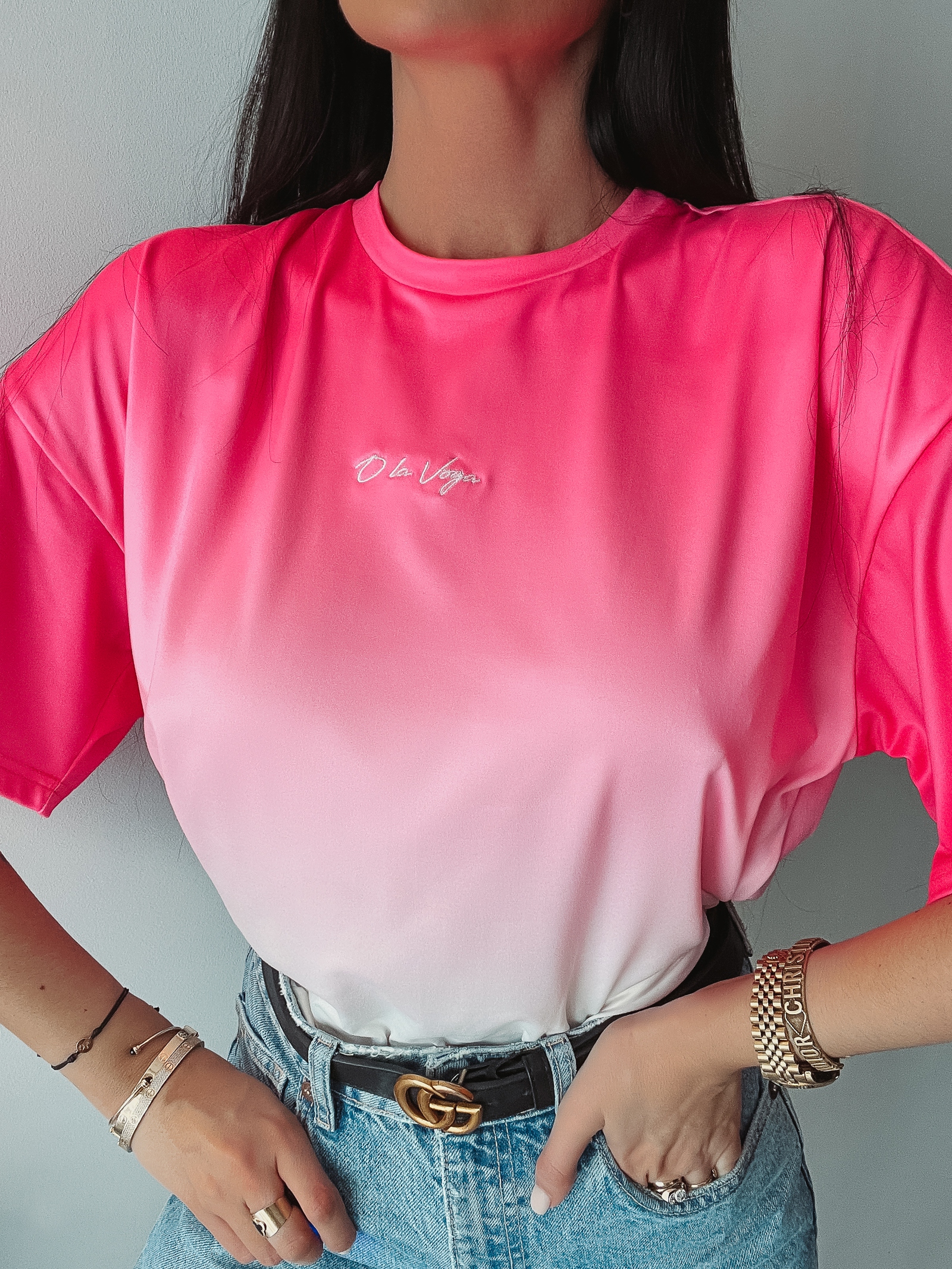 T-shirt oversize Liyo Ola Voga neon róż-ecru T-shirt oversize Liyo Ola Voga neon róż-ecru