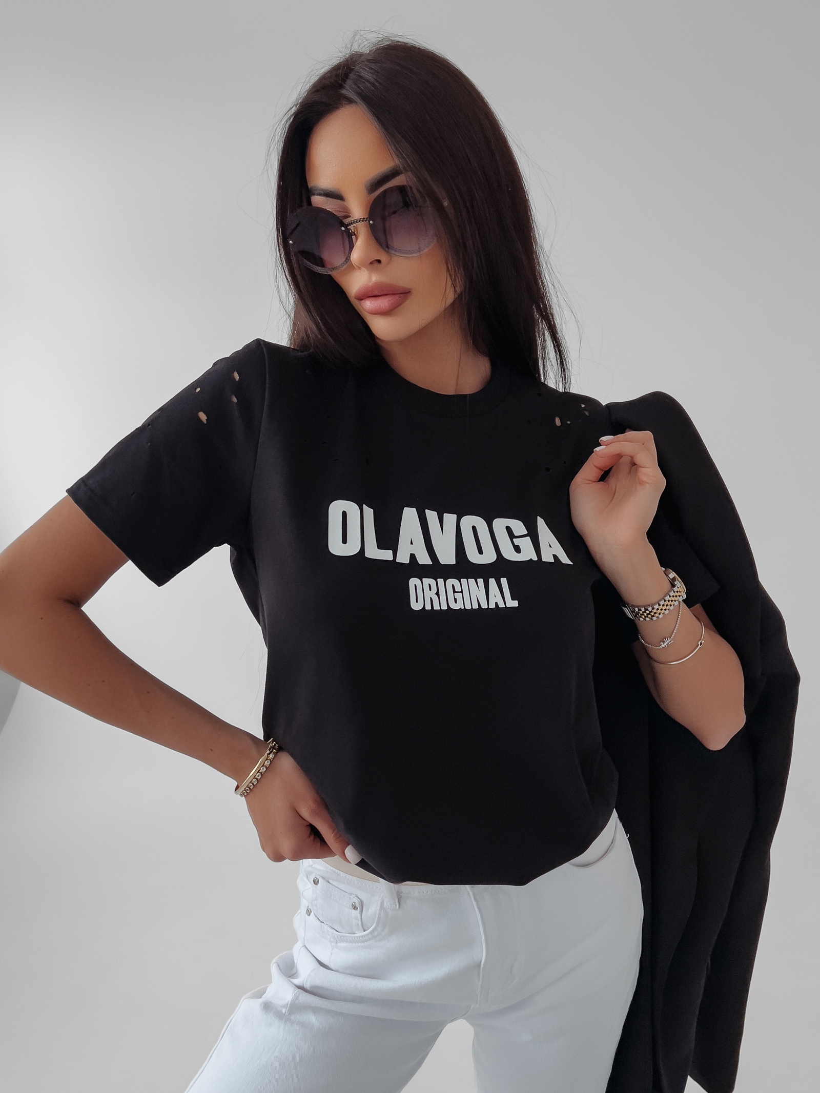 T-shirt z wycięciami Jo Ola Voga czarny