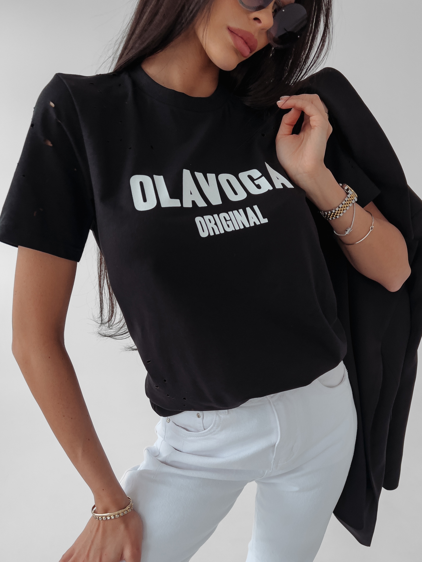 T-shirt z wycięciami Jo Ola Voga czarny