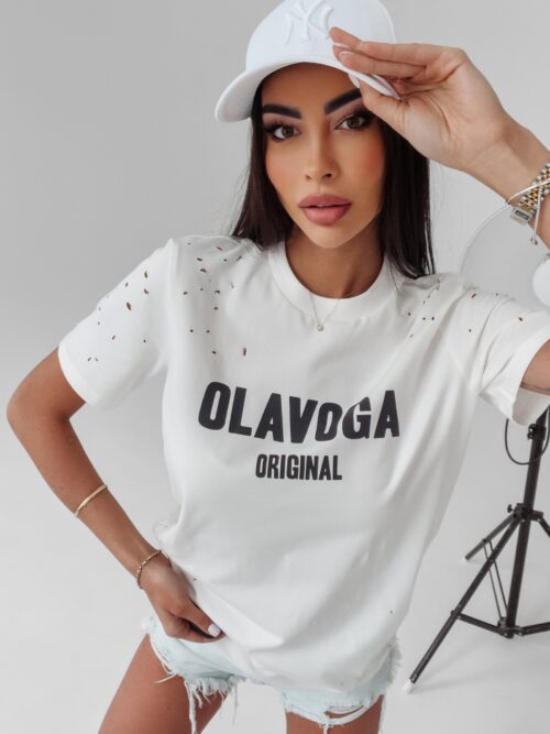 T-shirt z wycięciami Jo Ola Voga ecru