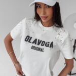 T-shirt z wycięciami Jo Ola Voga ecru