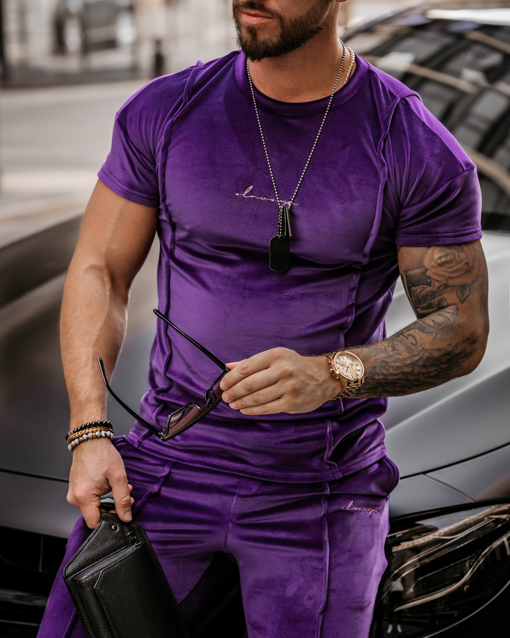 Komplet męski welurowy Luca Ola Voga śliwkowy