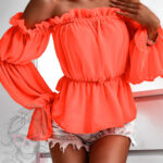 Bluzka szyfonowa marszczona NB Cali neonowy pomarańczowy