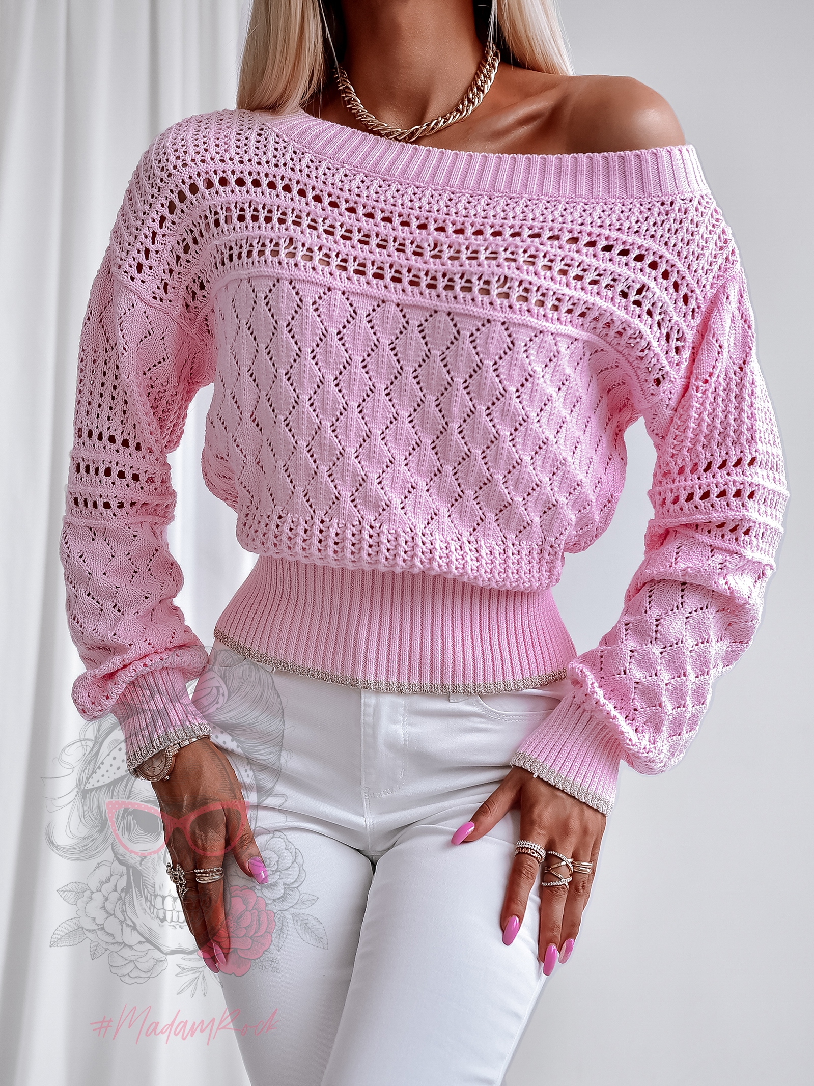 Sweterek ażurowy Faces słodki róż