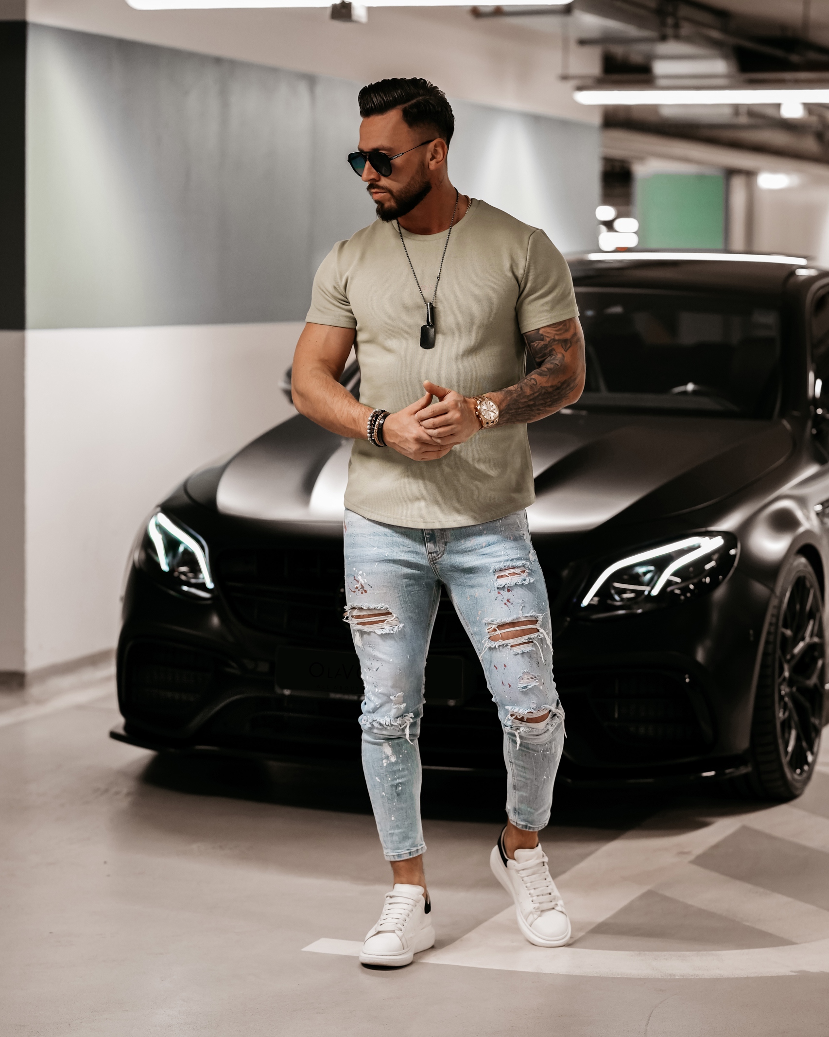 T-shirt dzianinowy męski Evan Ola Voga khaki