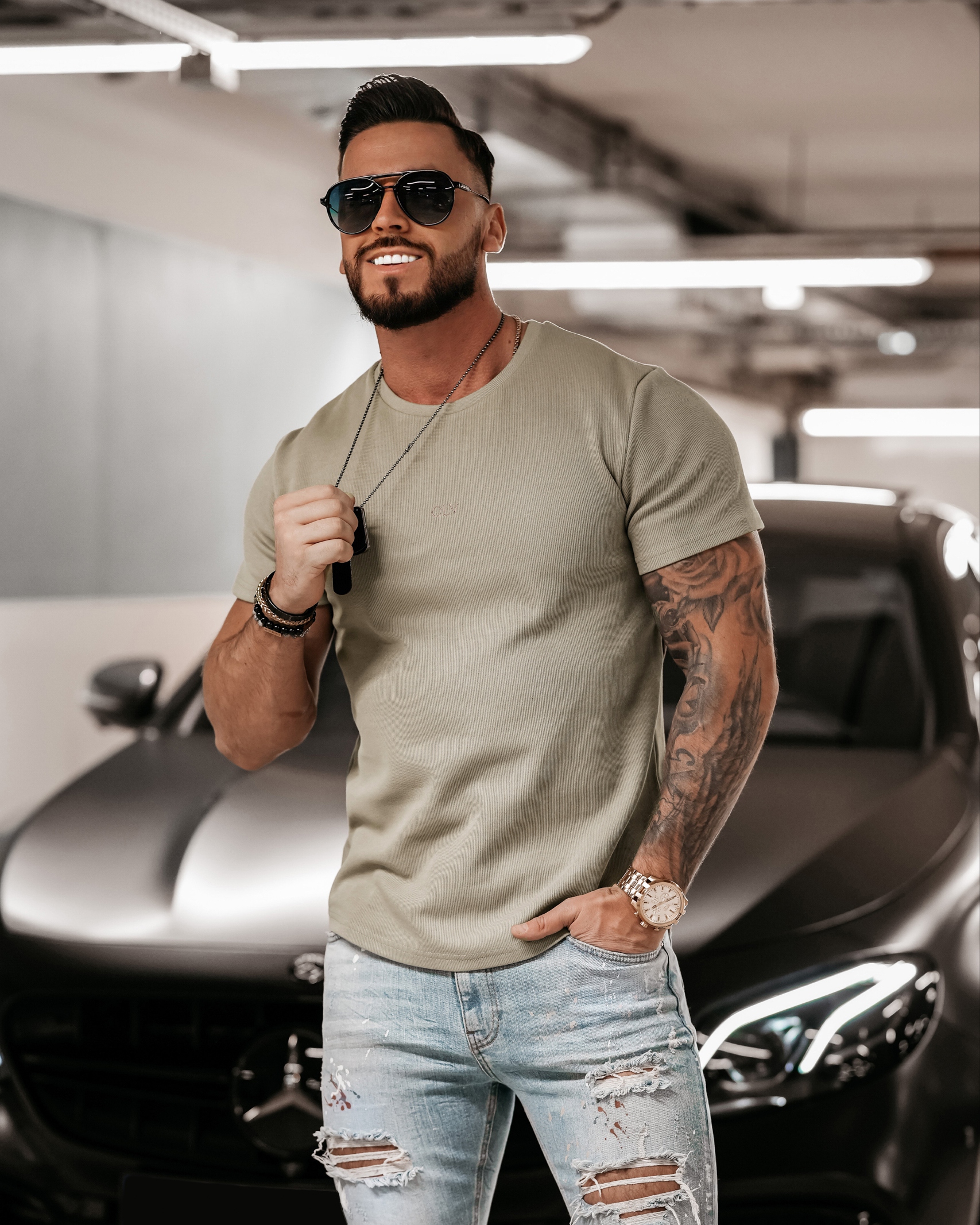 T-shirt dzianinowy męski Evan Ola Voga khaki T-shirt dzianinowy męski Evan Ola Voga khaki