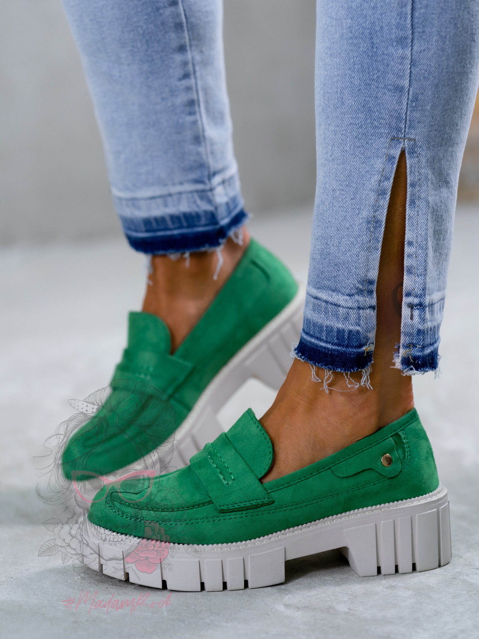 Mokasyny zamszowe Madam Fekes szmaragdowe