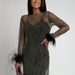 Sukienka błyszcząca z piórami NB NightShade czarna