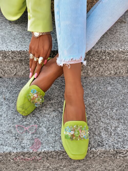 Mokasyny z kamieniami Madam Malio zielone