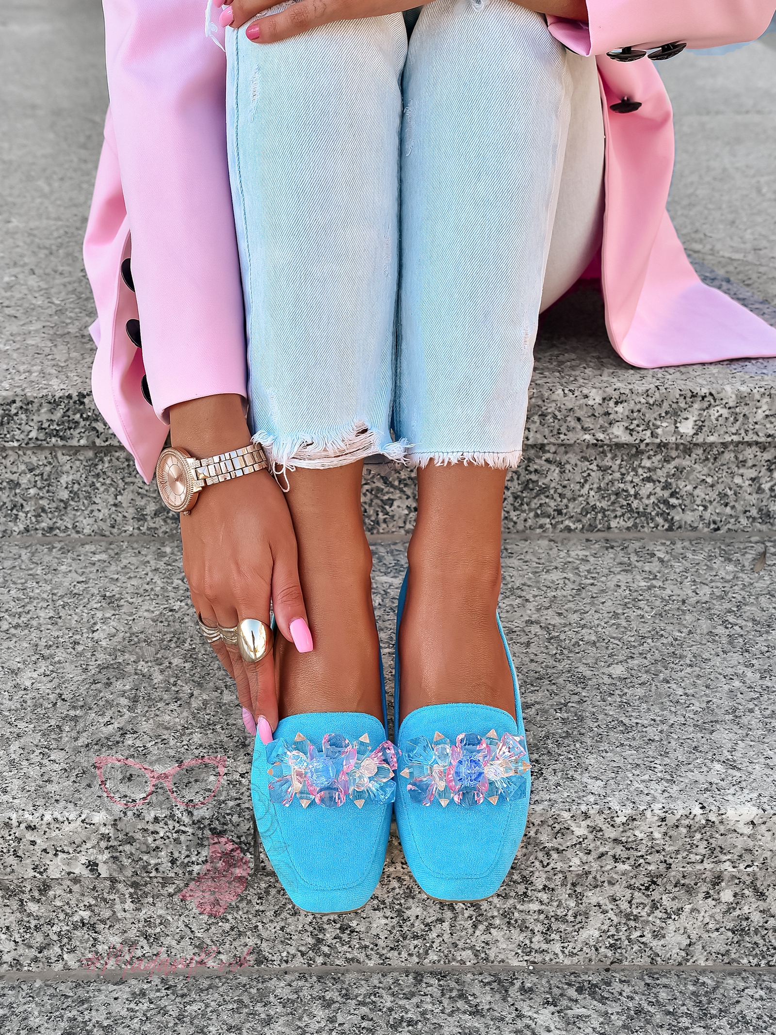 Mokasyny z kamieniami Madam Malio niebieskie