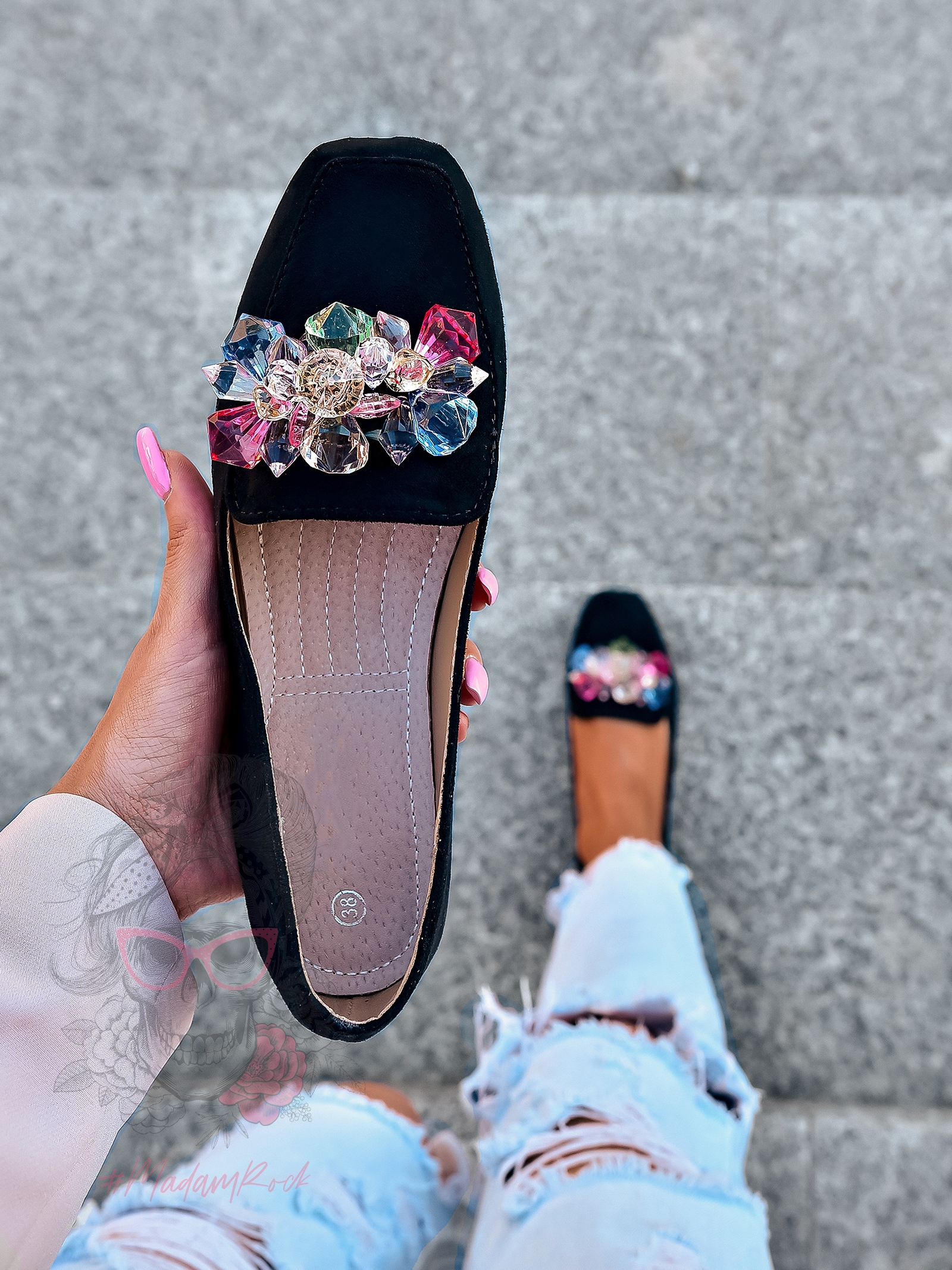 Mokasyny z kamieniami Madam Malio czarne