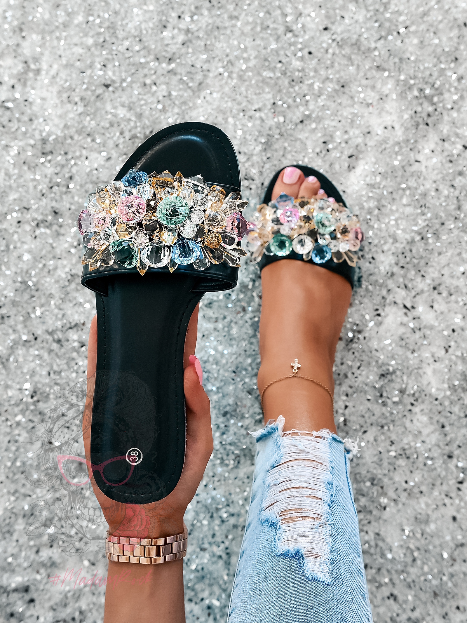 Klapki z kamieniami Madam Mikk czarne