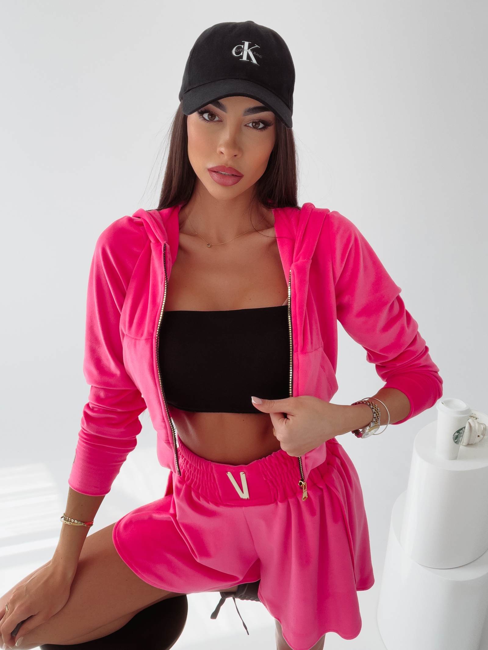 Komplet welurowy damski Bona Ola Voga neonowy róż