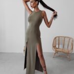 Sukienka dopasowana z rozcięciem Amali Ola Voga khaki