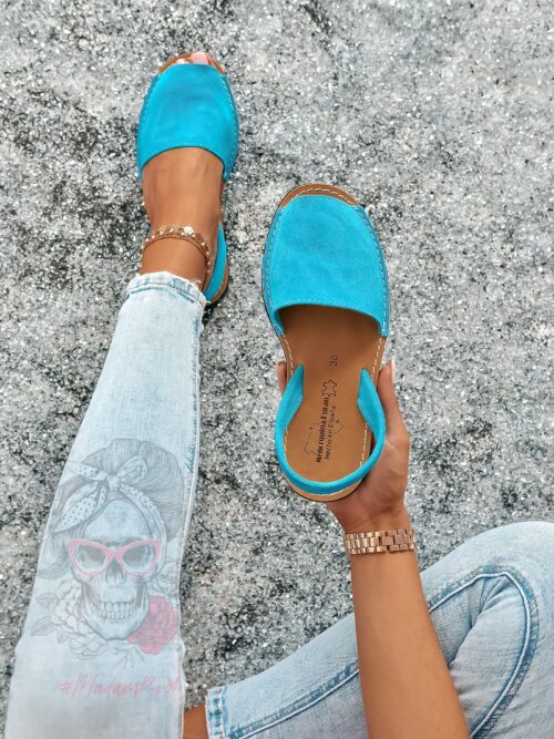 Sandały płaskie skórzane Madam Boso turkusowe