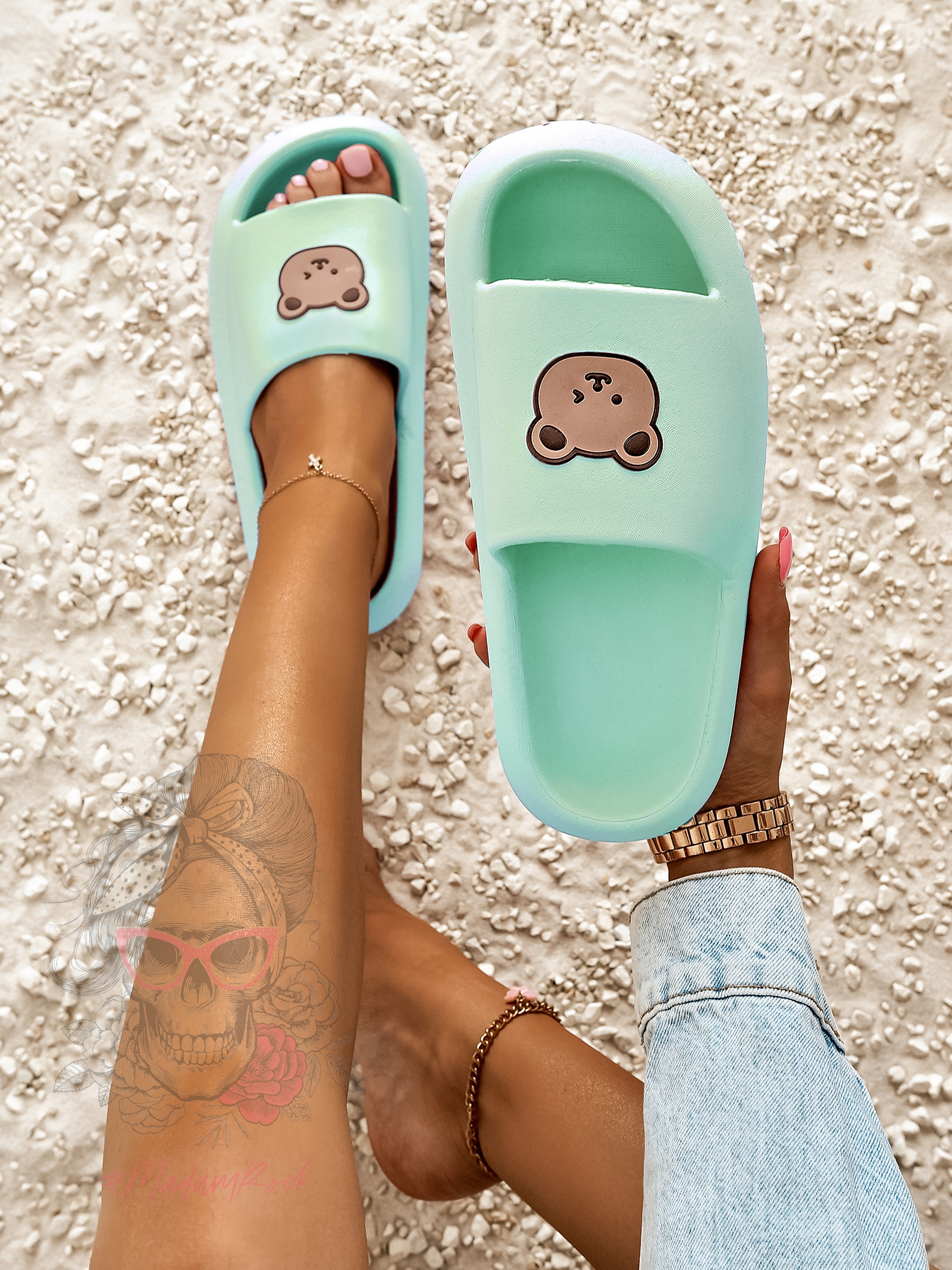 Klapki z misiem Madam Mibi miętowe